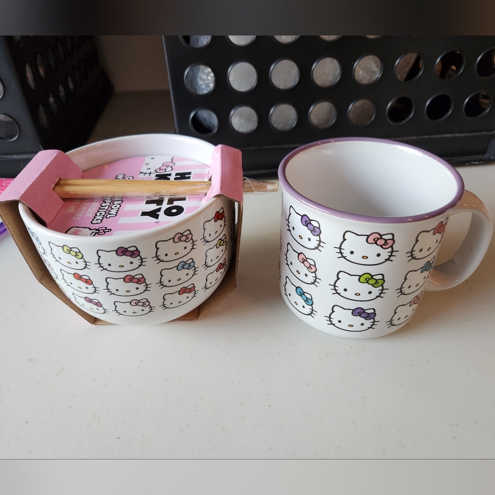 Hello Kitty mug and ramen bowl with chopsticks set